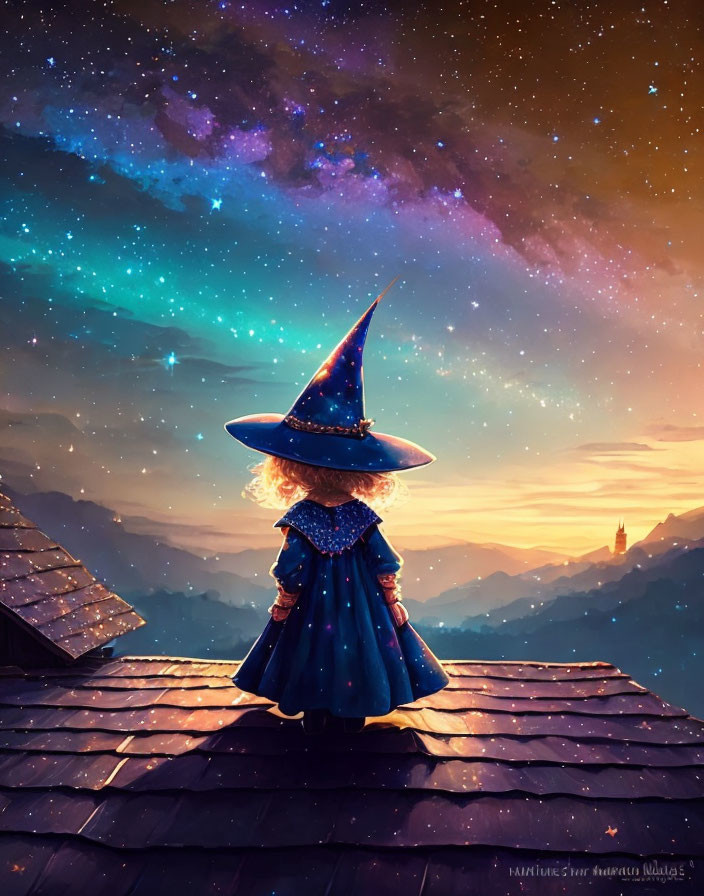 Child in wizard costume on rooftop gazes at twilight sky with distant castle.