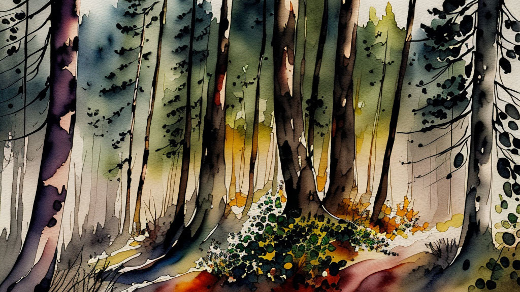 Whimsical forest scene with colorful foliage and tall trees