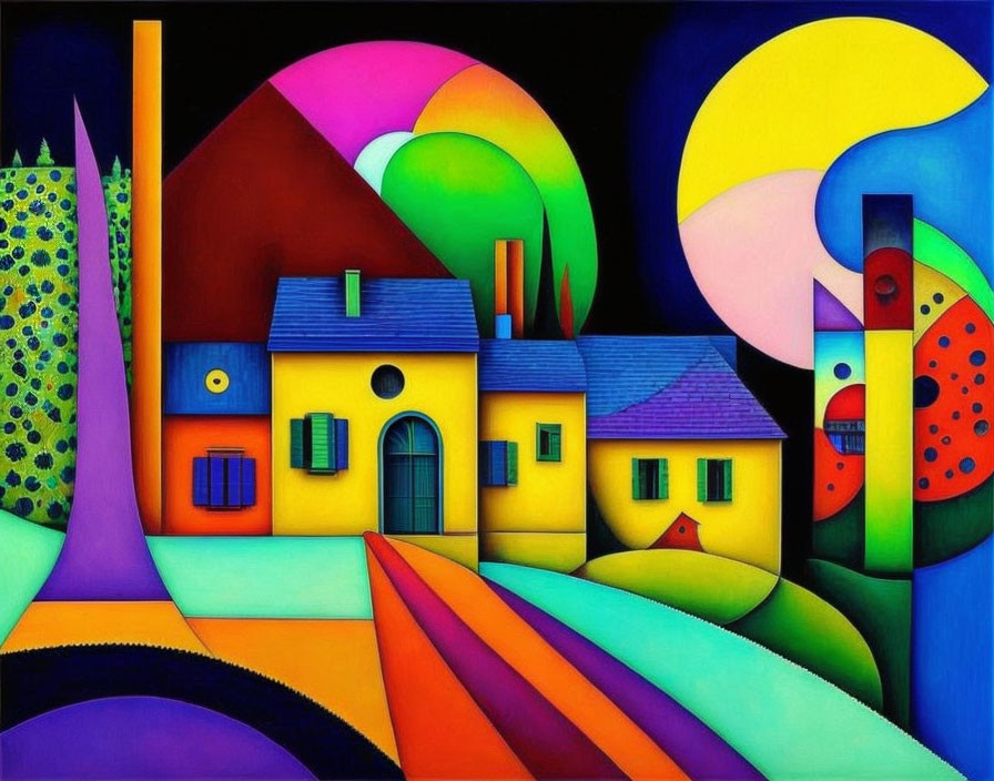 Colorful Abstract Painting: Stylized Houses & Geometric Shapes