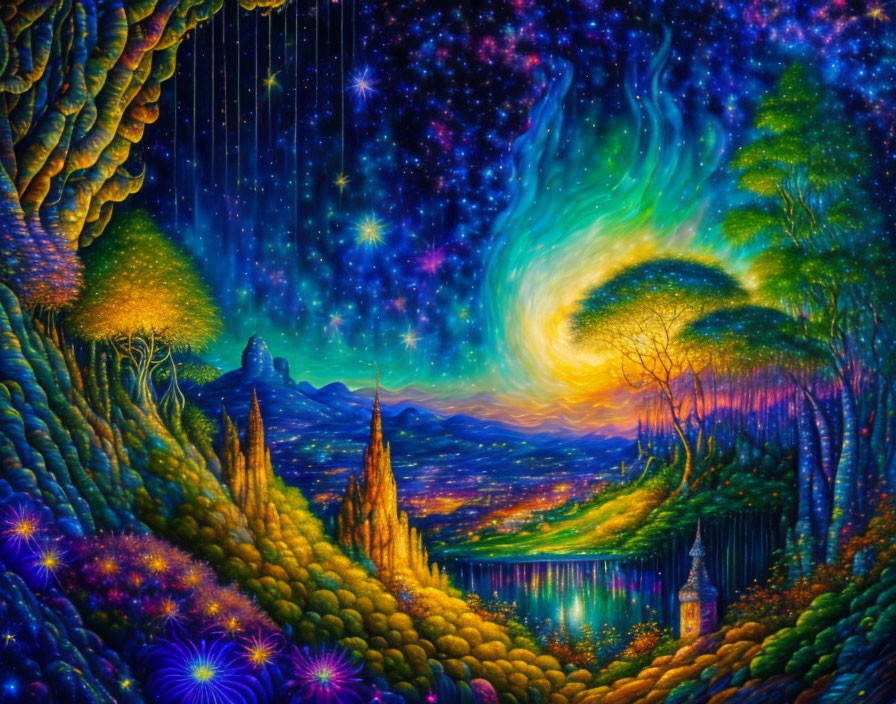 Surreal landscape with starry sky, glowing vegetation, lake, and distant castle