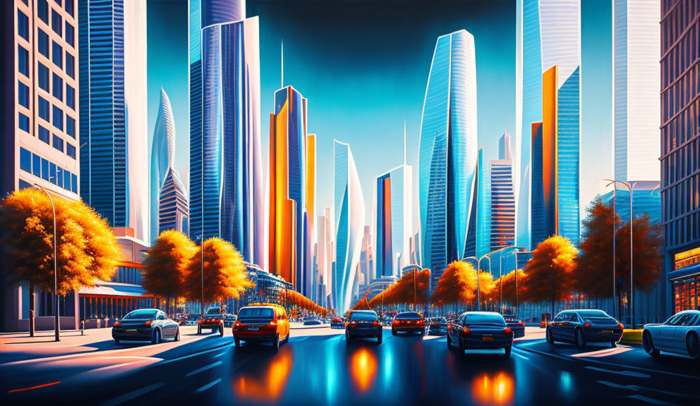 Vibrant futuristic cityscape with stylized skyscrapers and sleek cars