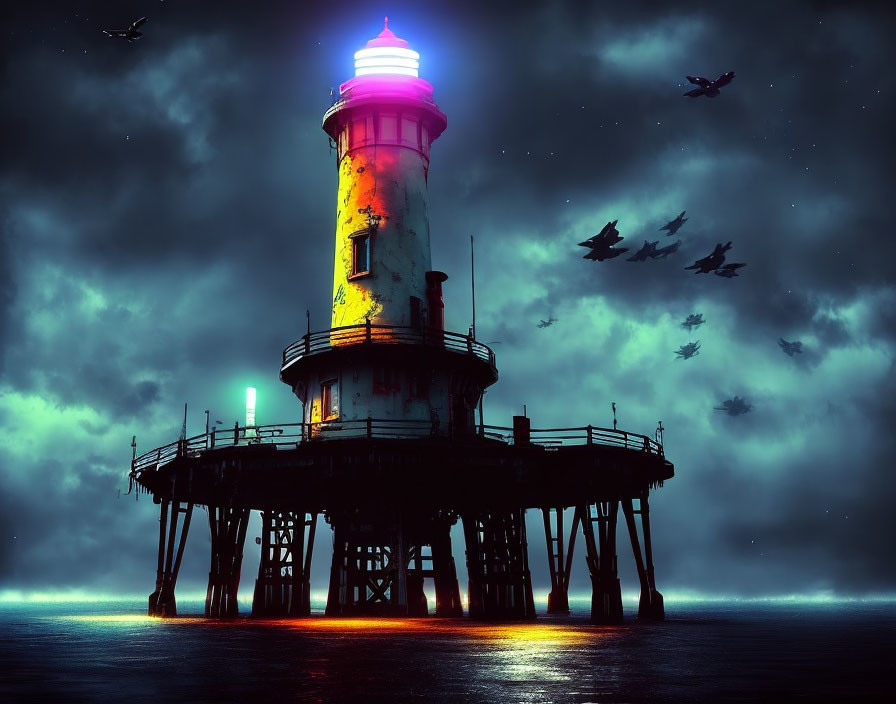 Illuminated lighthouse on stilts with birds flying over glowing ocean