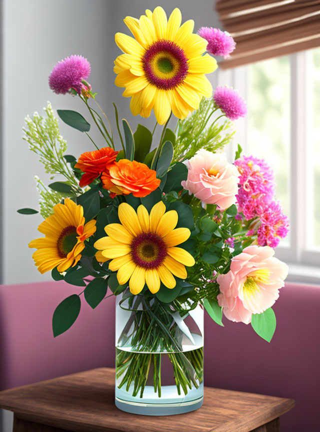 Colorful Flower Bouquet in Clear Vase on Purple Surface