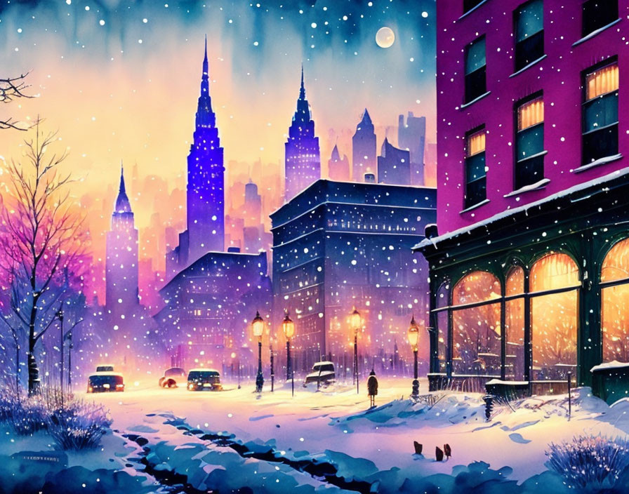 Snowy cityscape at dusk: illuminated buildings, falling snowflakes, people in purple sky