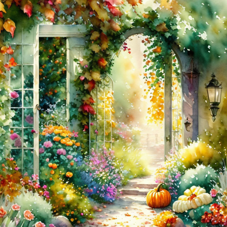 Watercolor garden scene with floral archway, cobblestone path, pumpkins, and lantern in