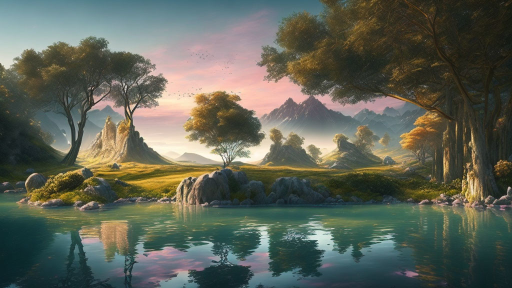 Tranquil fantasy landscape with lush trees, calm lake, pink sky, birds, and mountains