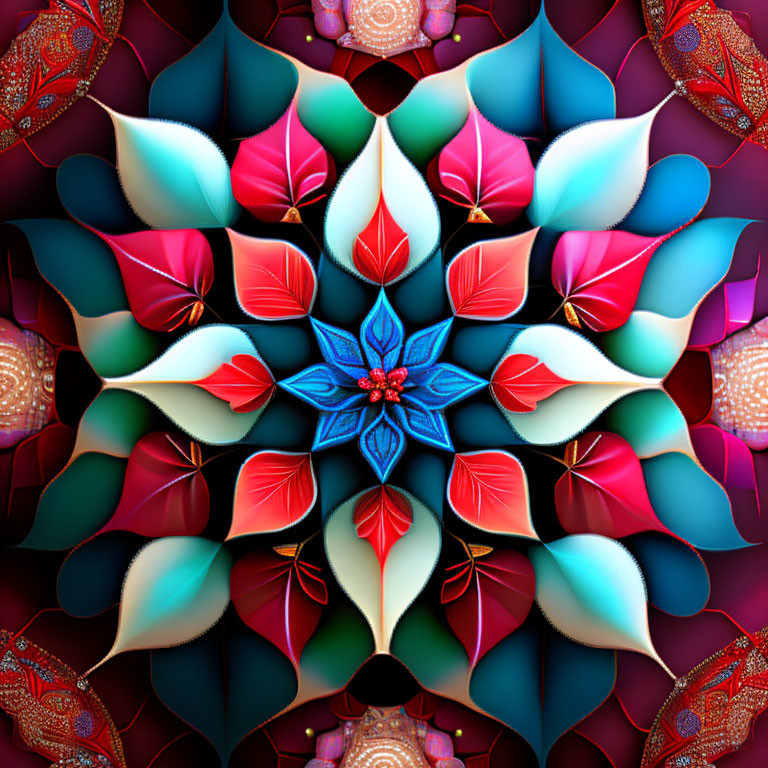 Symmetrical fractal design with vibrant red, blue, and cream patterns