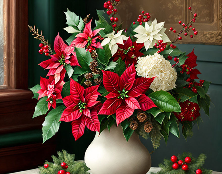 Festive bouquet with red poinsettias, white flowers, pine cones, and holly