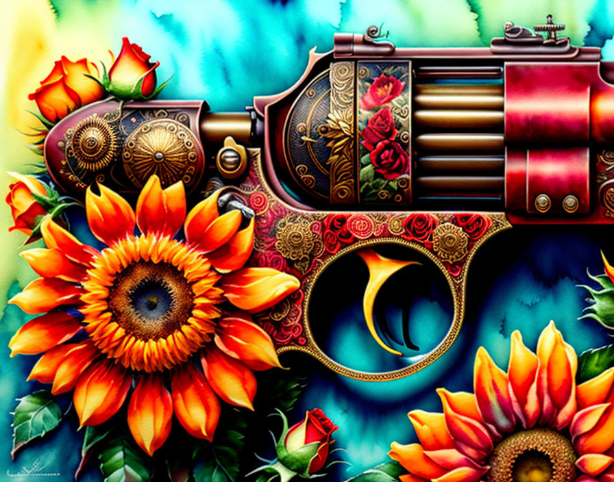 Steampunk-style gun illustration with gear patterns, roses, and sunflowers on blue background