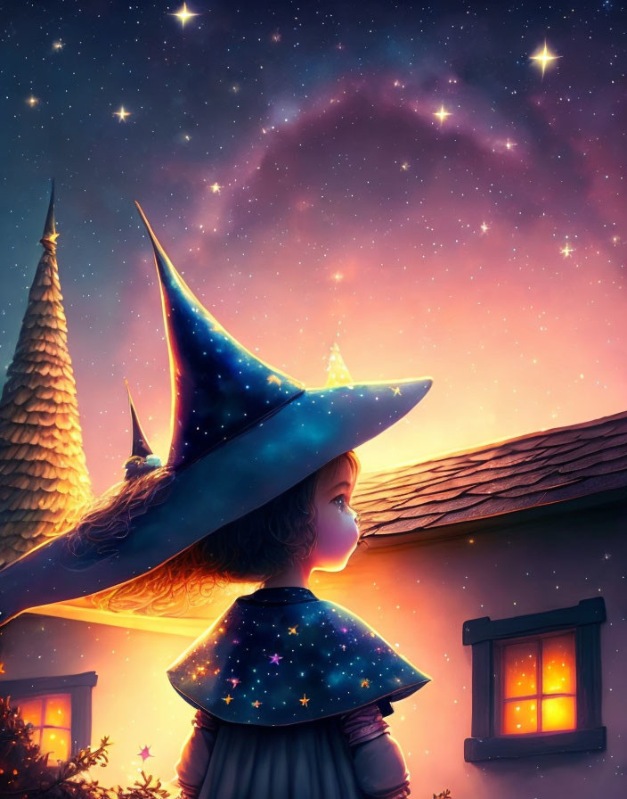 Young witch admires starry sky with heart-shaped aurora above house