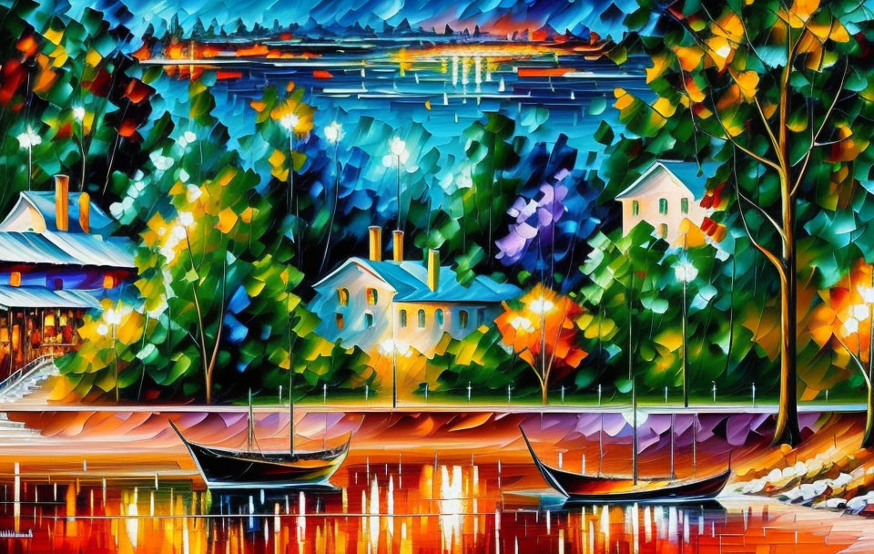 Colorful Lakeside Scene Painting with Houses, Trees, Boats, and Geometric Brush Strokes