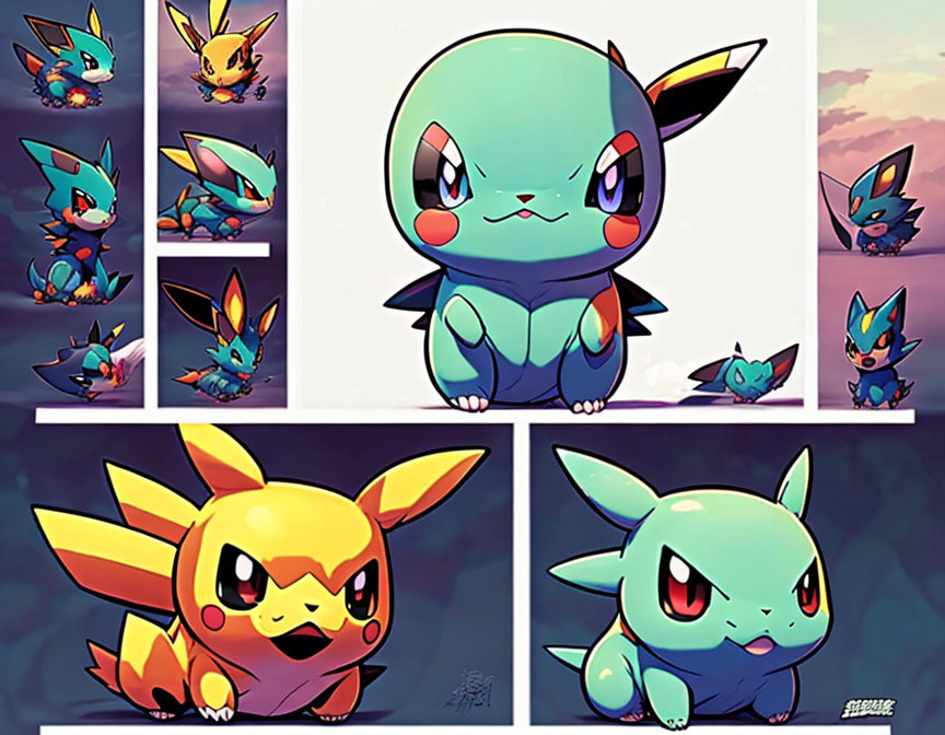 Stylized Pokémon Eevee evolutions: Vaporeon, Jolteon, Fl