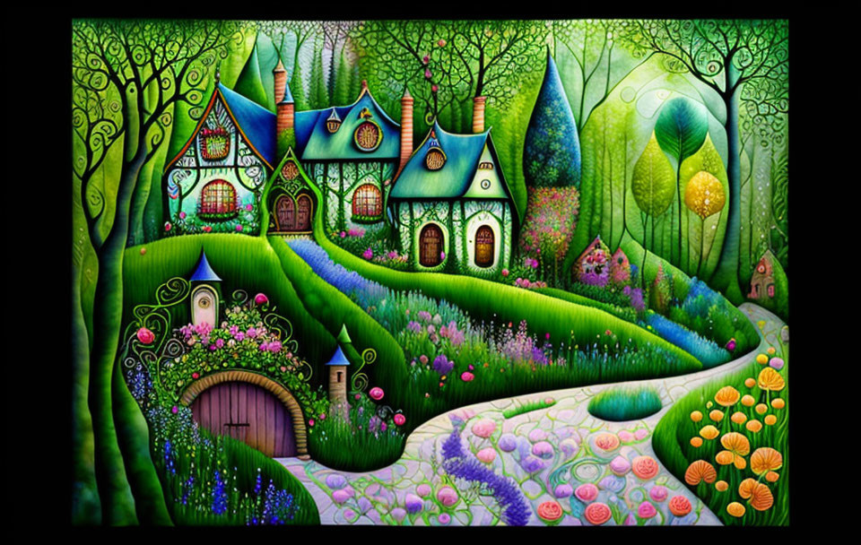 Colorful Fantasy Landscape with Cottage & Whimsical Trees