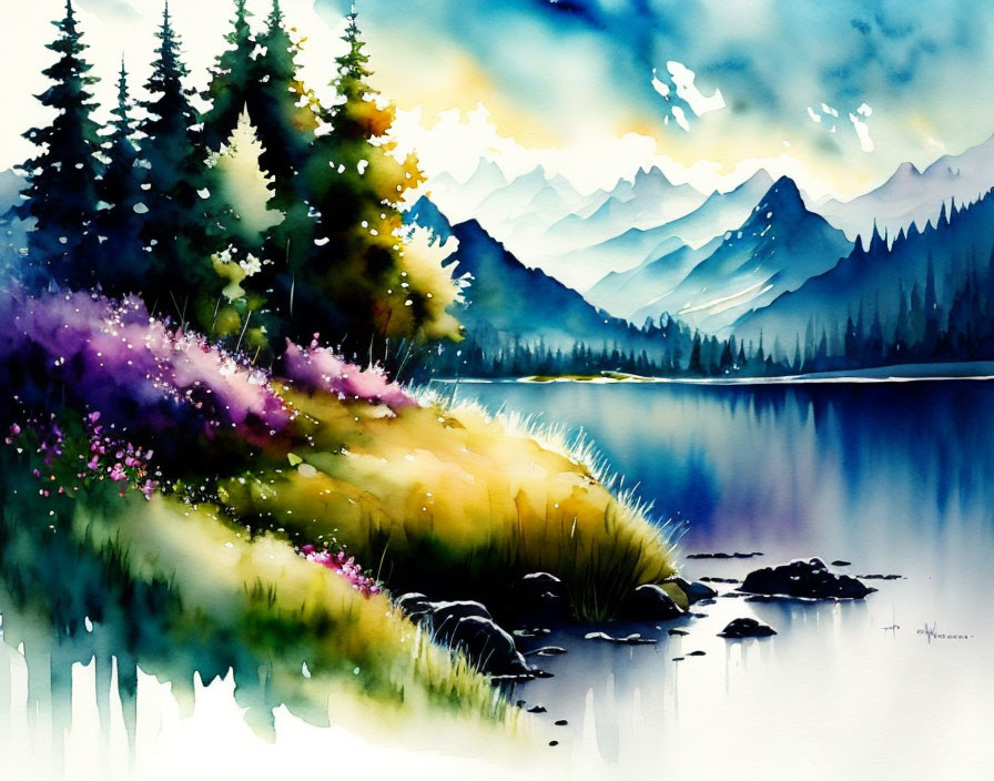 Tranquil Lakeside Watercolor with Greenery & Mountains