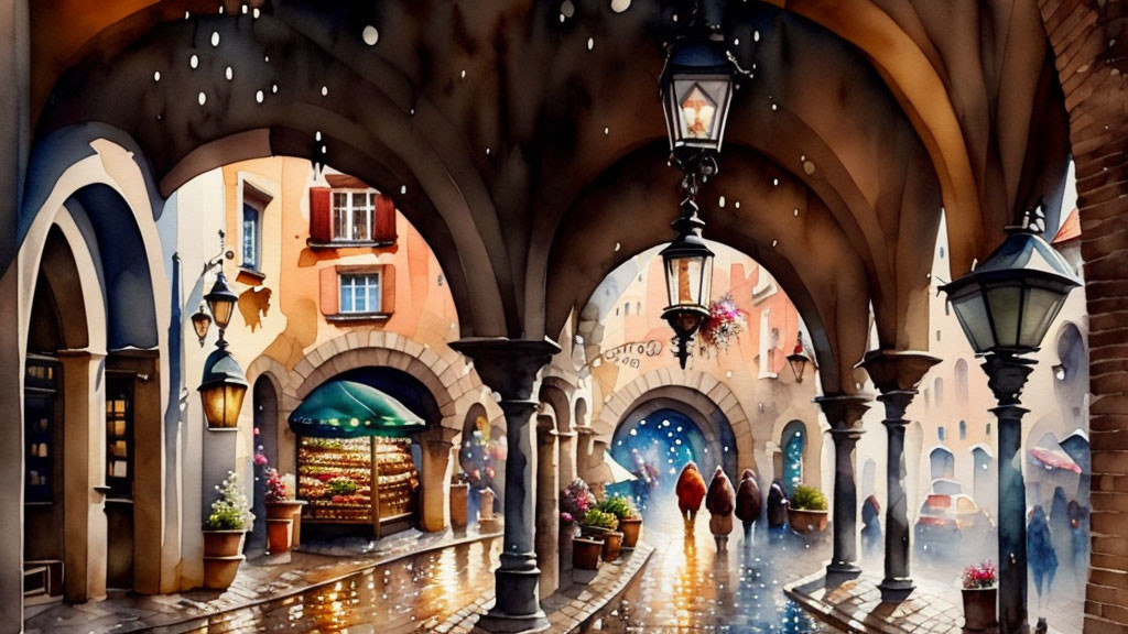 European street watercolor painting with lanterns, archways, and pedestrians in rain