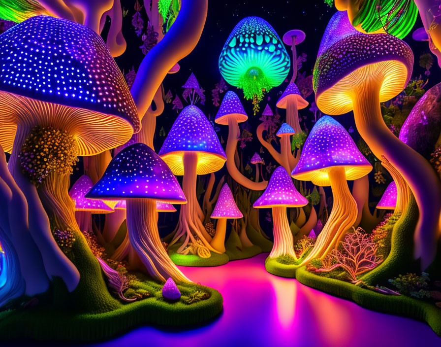 Colorful fantasy mushrooms in neon hues on dark background with glowing plants