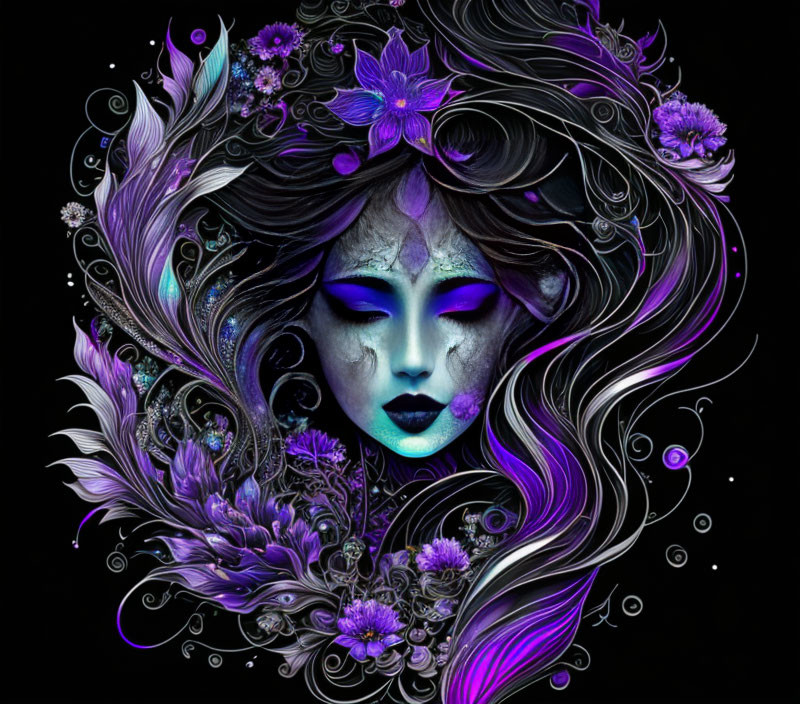 Colorful mystical female face with purple and white hair, flowers, and feathers on dark background