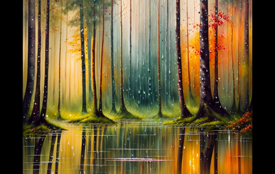 Colorful mystical forest painting with tree reflections on water surface