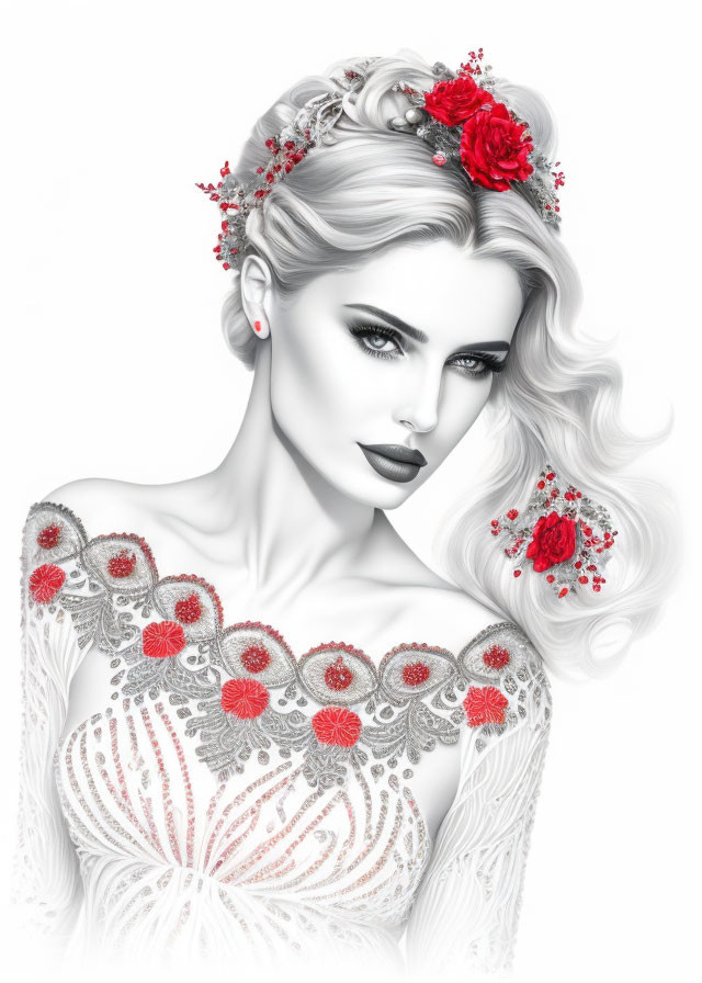 Illustrated woman with red floral adornments and lace dress showcasing intricate patterns.