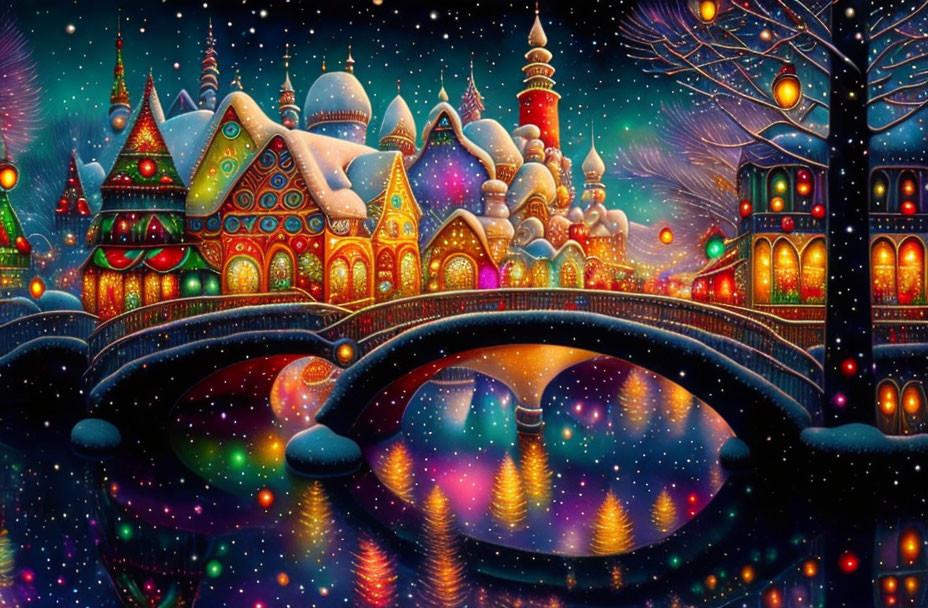 Vibrant winter village at night with illuminated buildings on frozen river