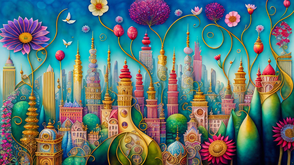 Colorful fantasy landscape with whimsical buildings and butterflies