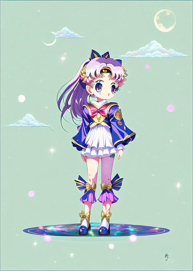 Purple-haired character in blue sailor outfit on shimmering disc with moons and stars.