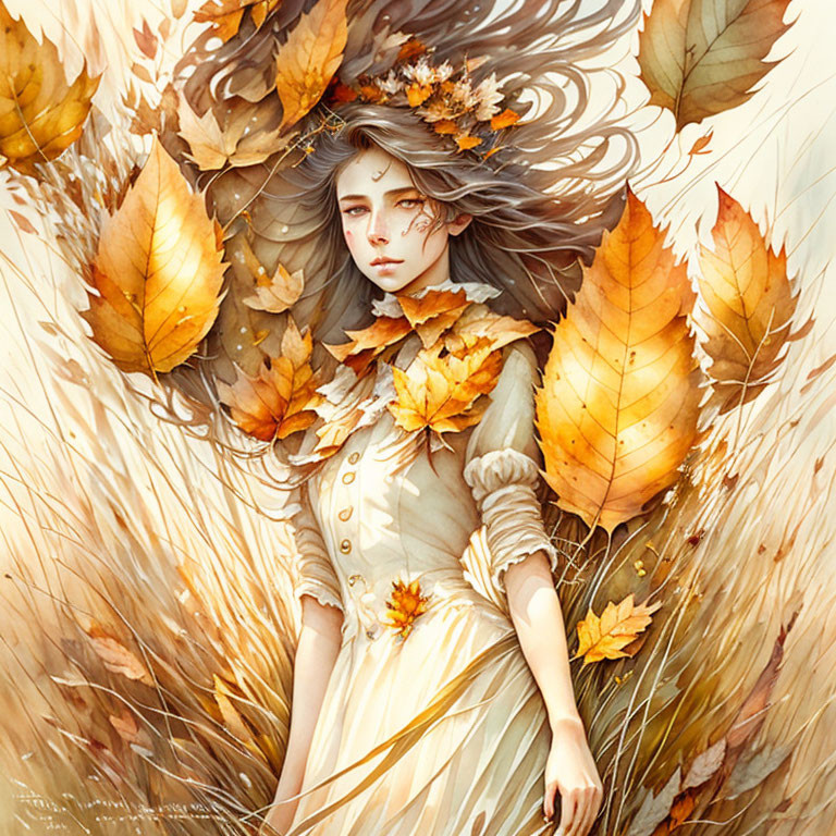 Young woman in golden autumn scene with flowing hair and floating leaves