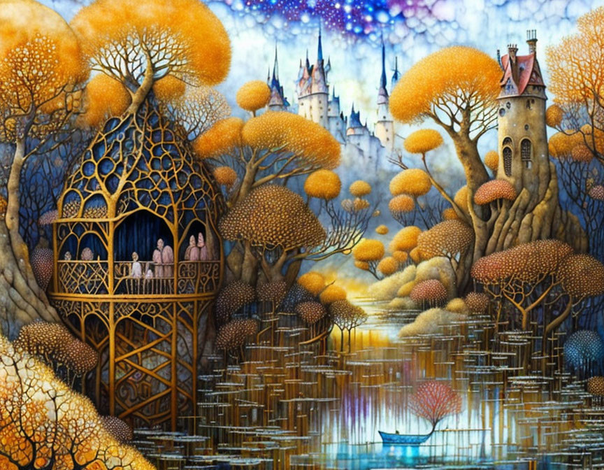 Magical forest painting with golden trees, castle, treehouse, and river boat