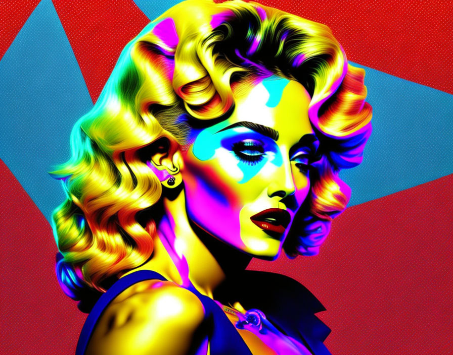 Colorful Pop Art Portrait of Woman with Wavy Hair