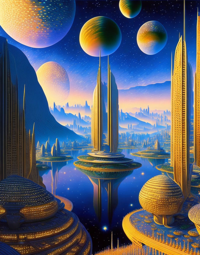 Futuristic sci-fi landscape with celestial bodies and towering buildings