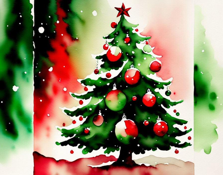 Christmas tree watercolor painting with red and green ornaments and snowflakes on red and green backdrop