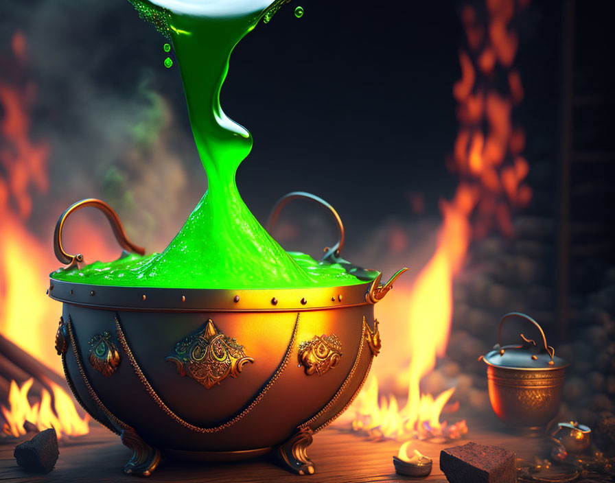 Ornate cauldron with green potion, flames, bricks, and smaller cauldron