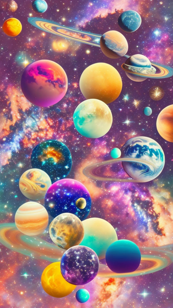 Vibrant cosmic artwork featuring planets and stars