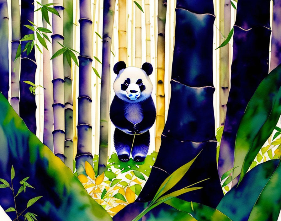 Colorful Panda Bear Sitting in Bamboo Forest Scene