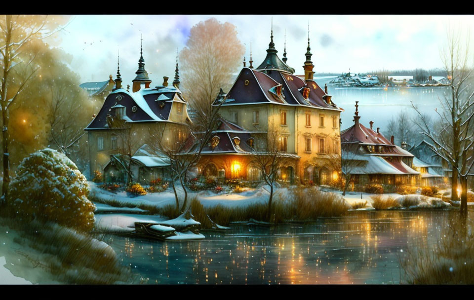 Snow-covered traditional estate by frozen lake in winter scene