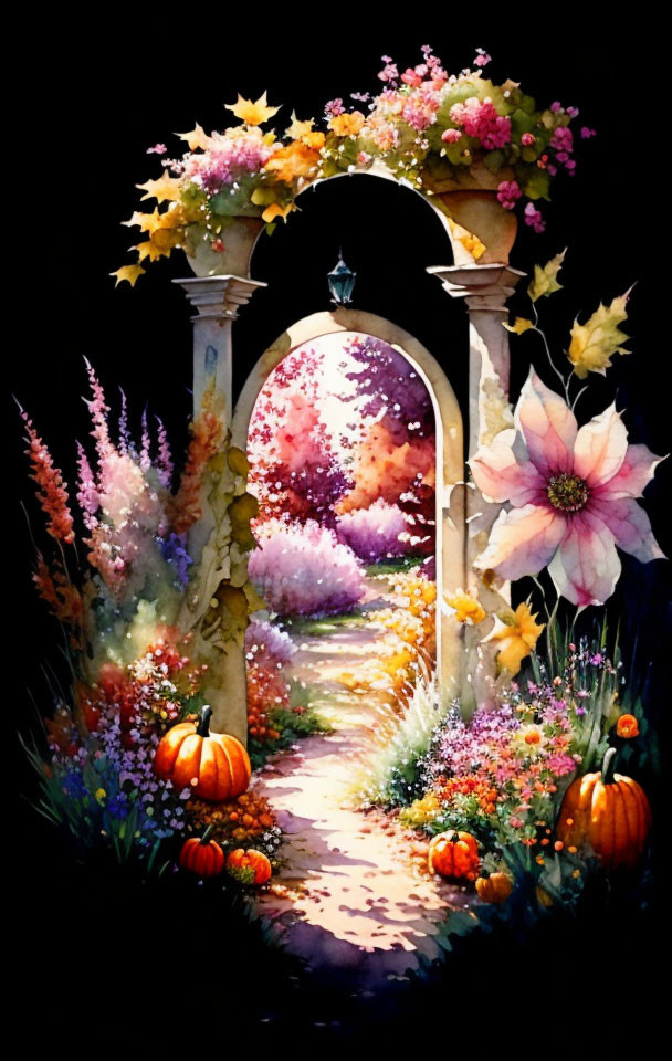 Vibrant watercolor painting of garden path with flowers and lantern