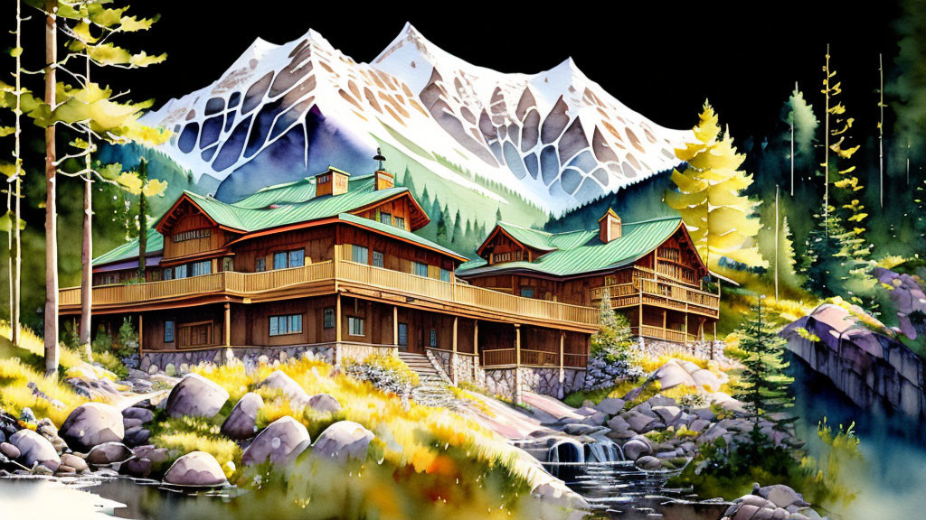 Scenic mountain landscape with wooden lodge, river, and pine trees