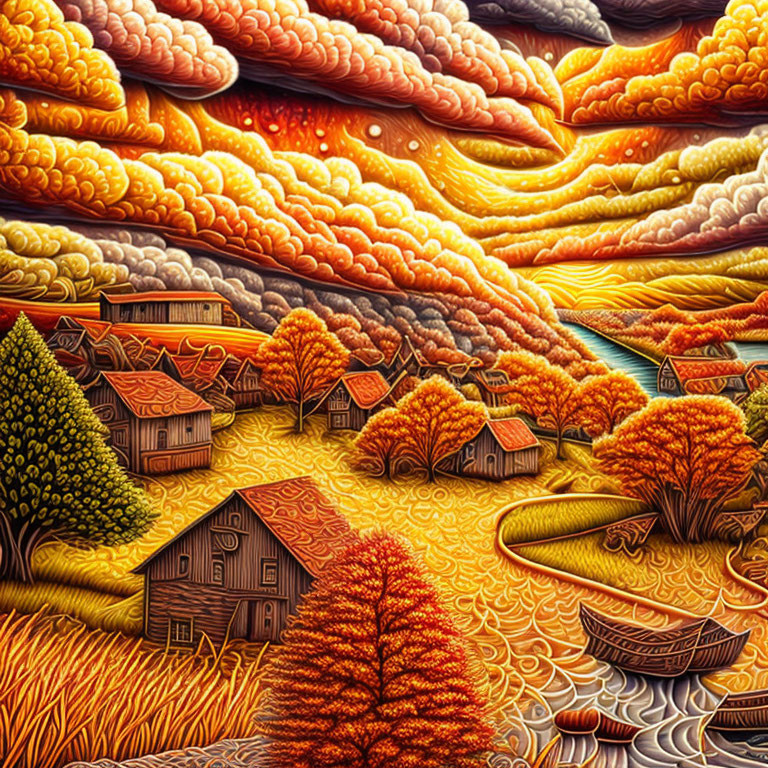 Colorful autumn landscape with surreal clouds, meandering river, village, and fiery trees