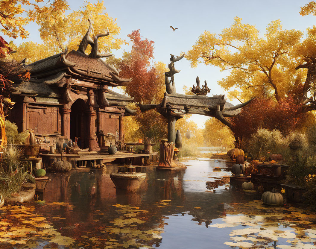 Tranquil autumnal fantasy landscape with wooden pavilion, river, golden trees, pumpkins,