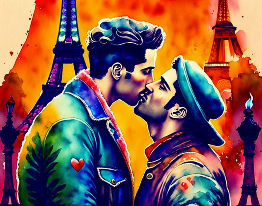 Vibrant illustration: Two men embracing with Eiffel Tower in fiery backdrop