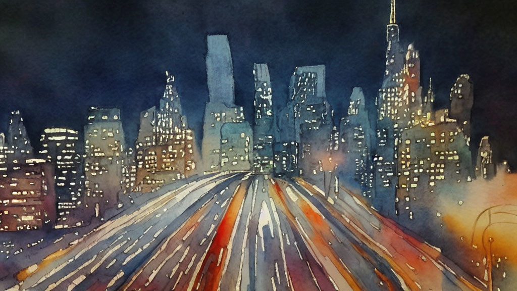 Cityscape watercolor painting: Night scene with lit skyscrapers and busy road