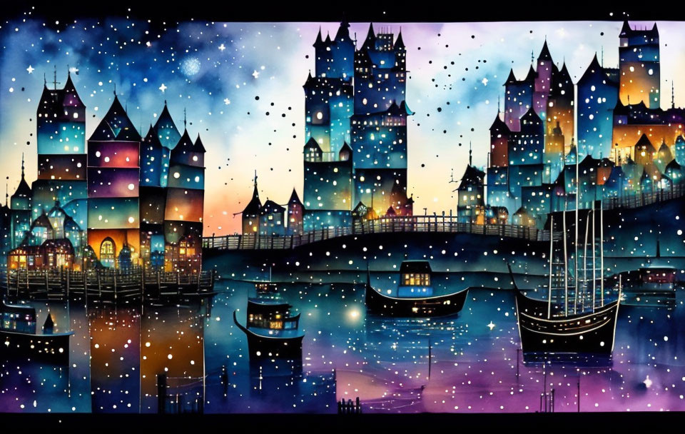 Colorful illuminated fantasy cityscape night scene with starry sky, bridges, boats.