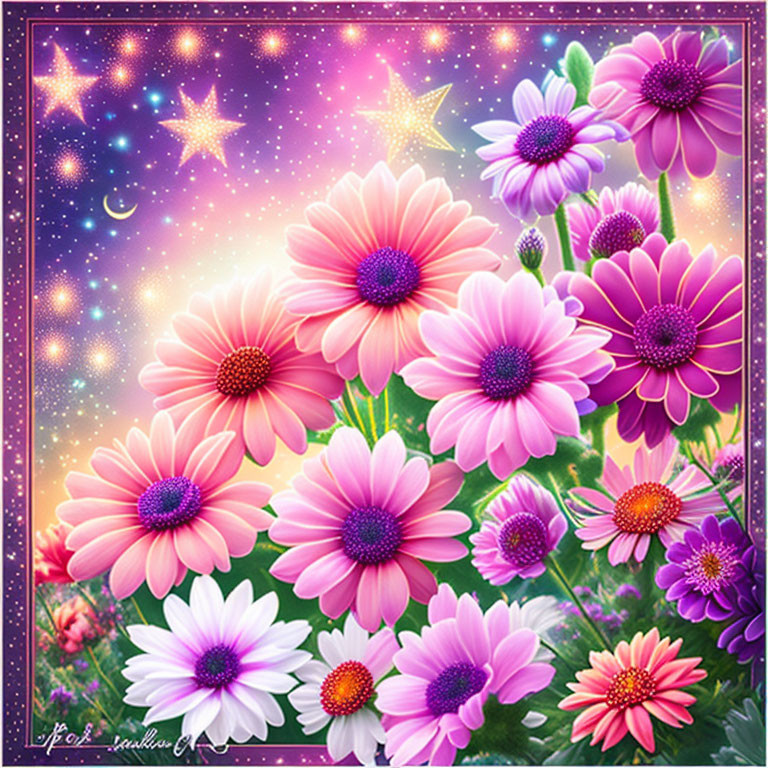 Colorful Daisy Cluster on Cosmic Background with Crescent Moon