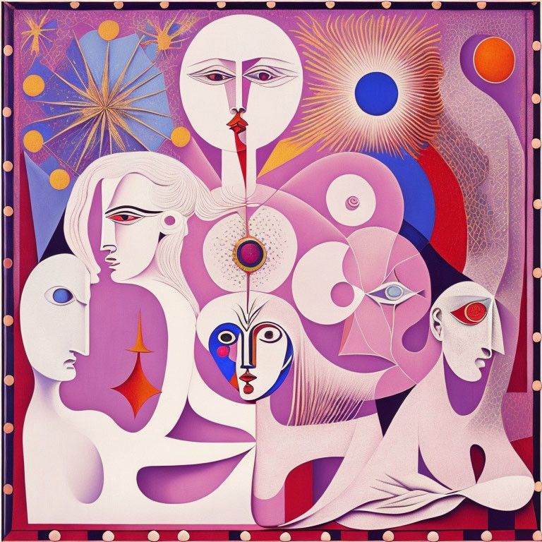 Colorful abstract art: geometric faces, vibrant hues, celestial motifs, dotted border.