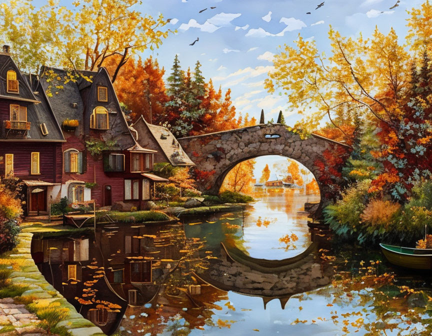 Colorful Autumn Trees by Calm River with Stone Arch Bridge