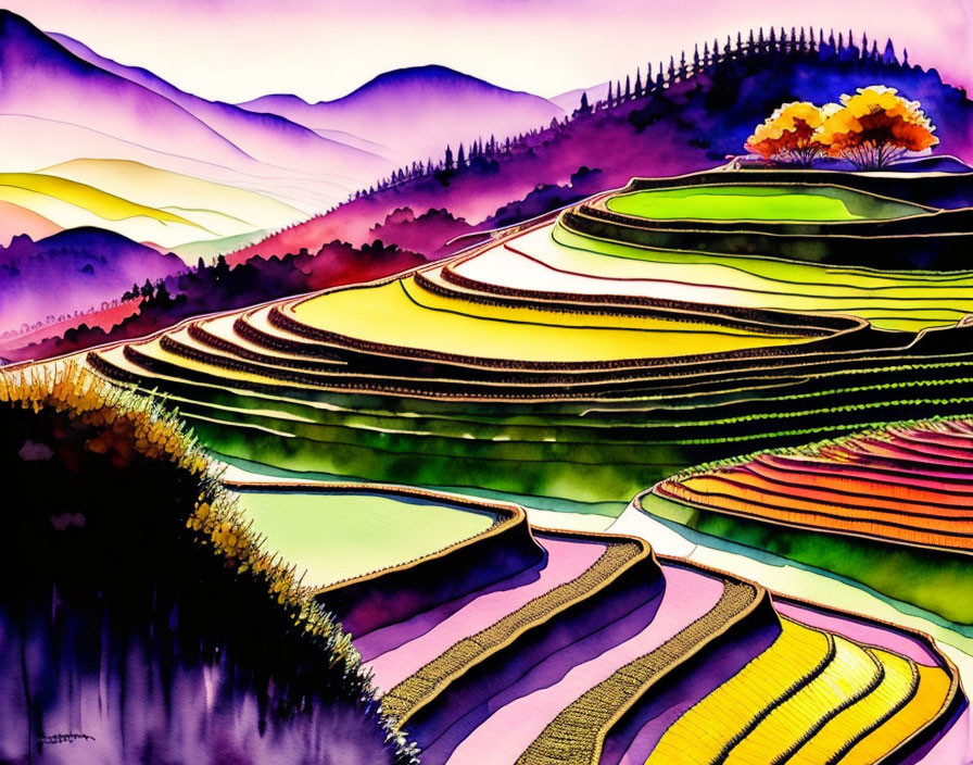 Colorful Terraced Fields Painting with Rolling Hills and Mountains