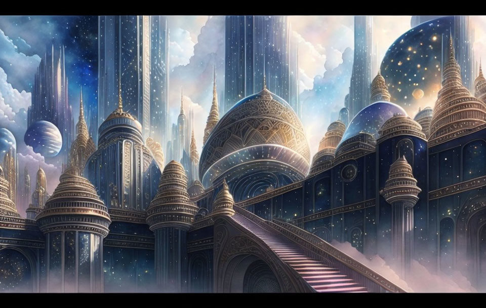 Fantastical Cityscape with Towering Spires and Star-Studded Skies