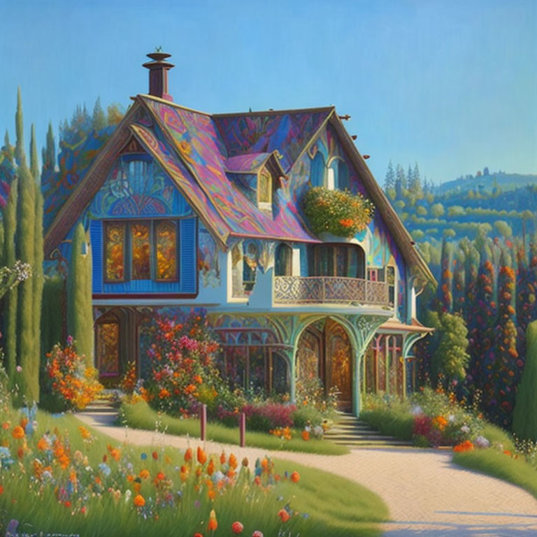 Colorful painting of quaint house amid gardens & trees