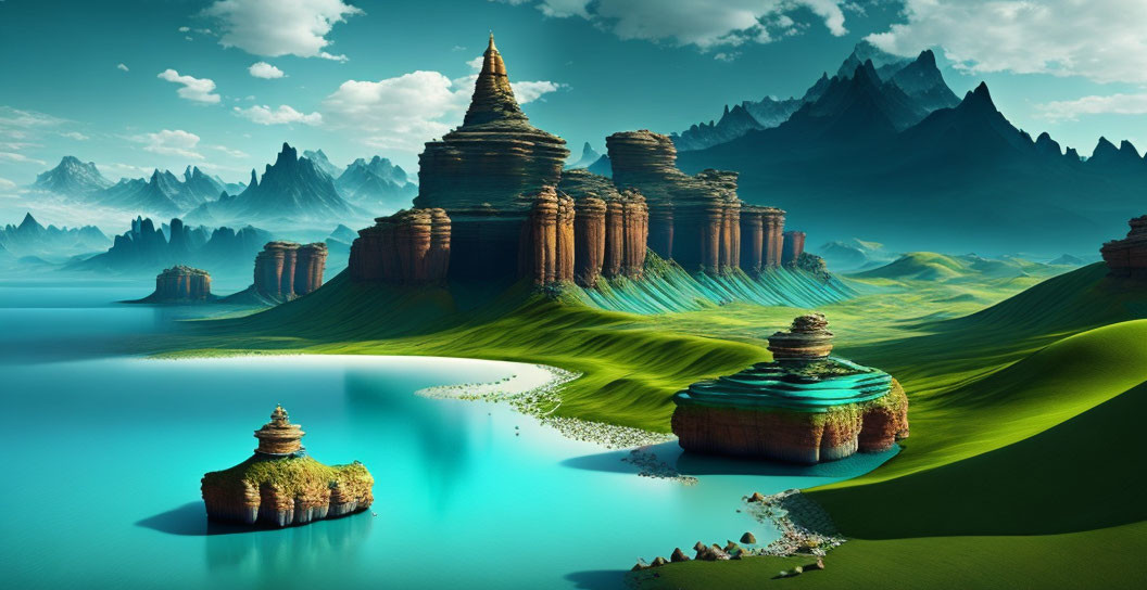 Majestic rock formations, golden spires, green hills, and blue lake landscape