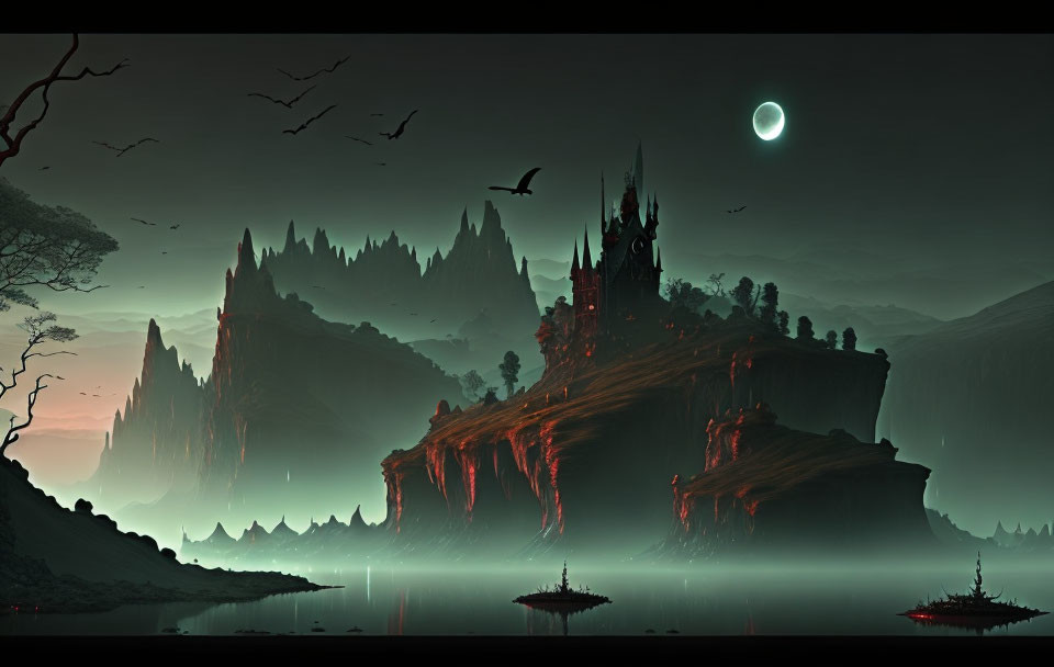 Dark castle on rugged cliffs in moody fantasy landscape